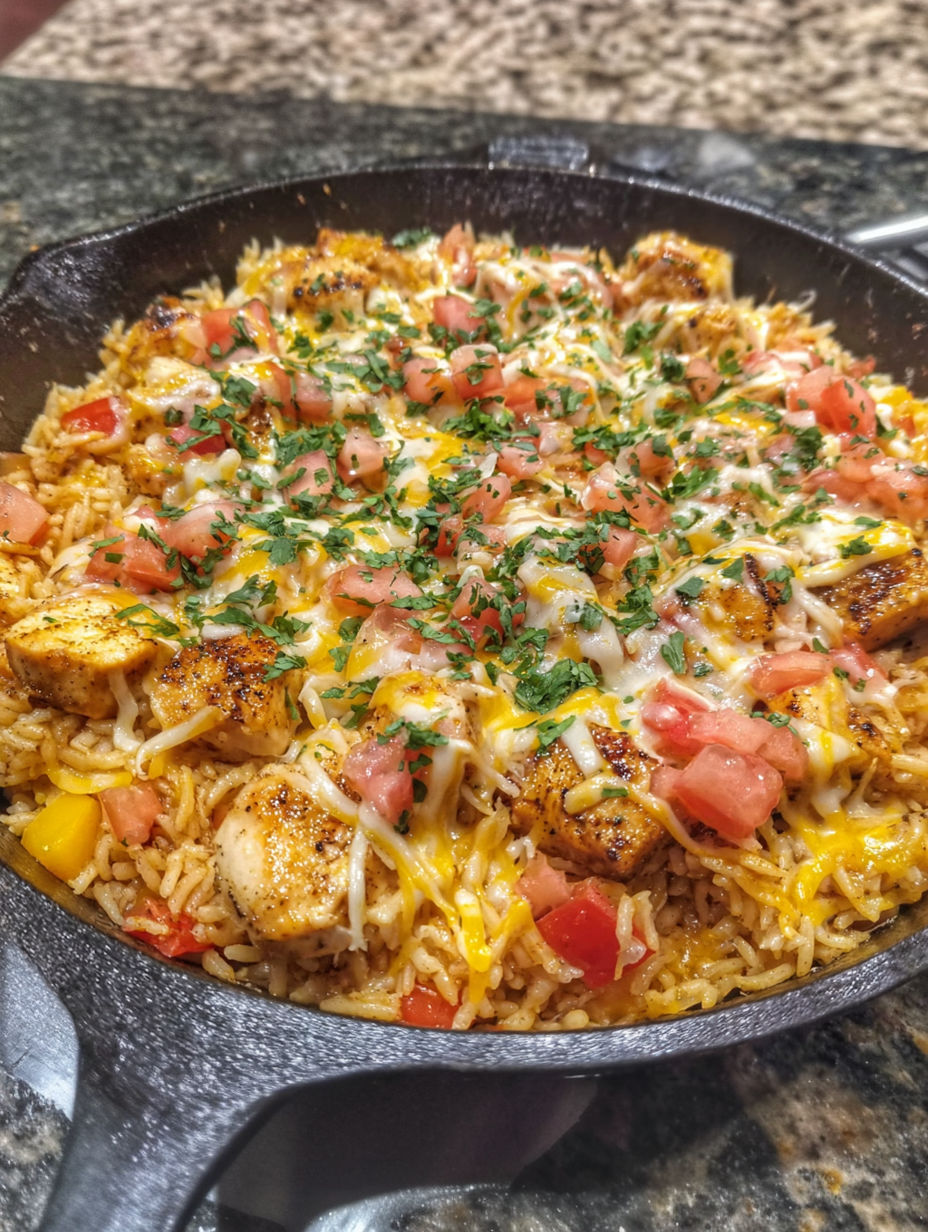 A pan of food with rice, tomatoes, and cheese.