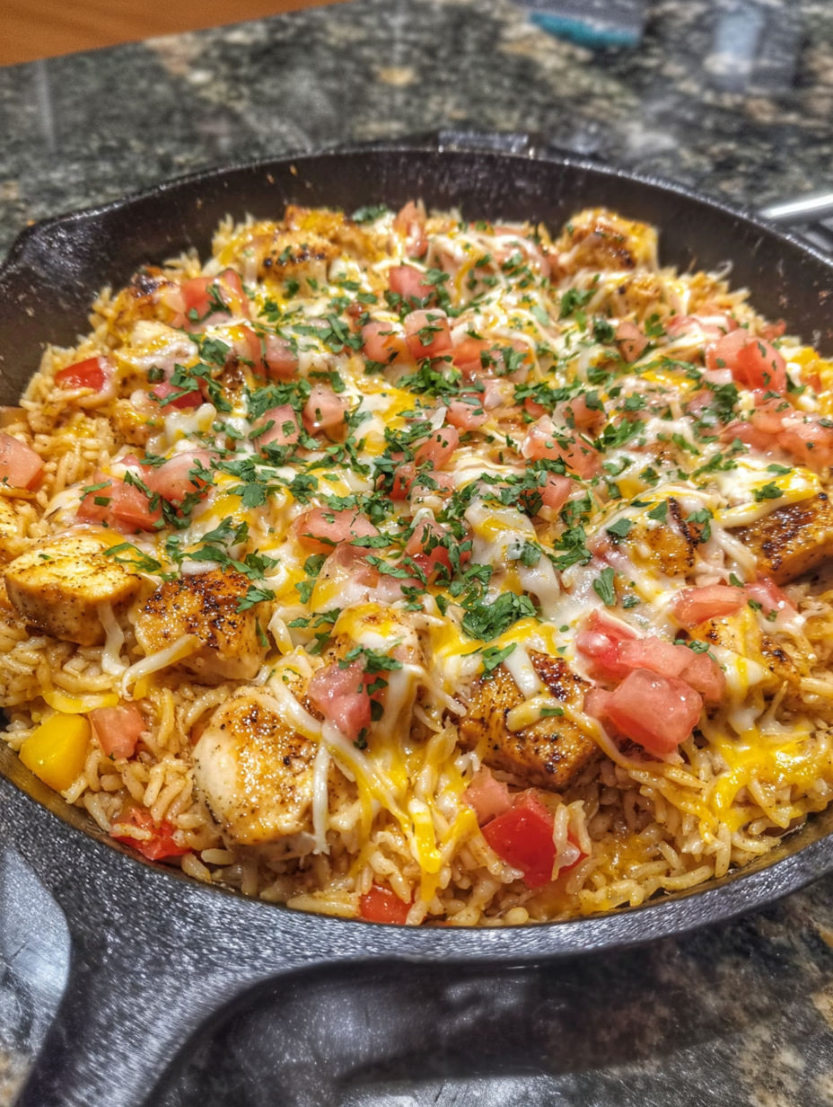 A delicious meal of rice, chicken, tomatoes, and cheese.