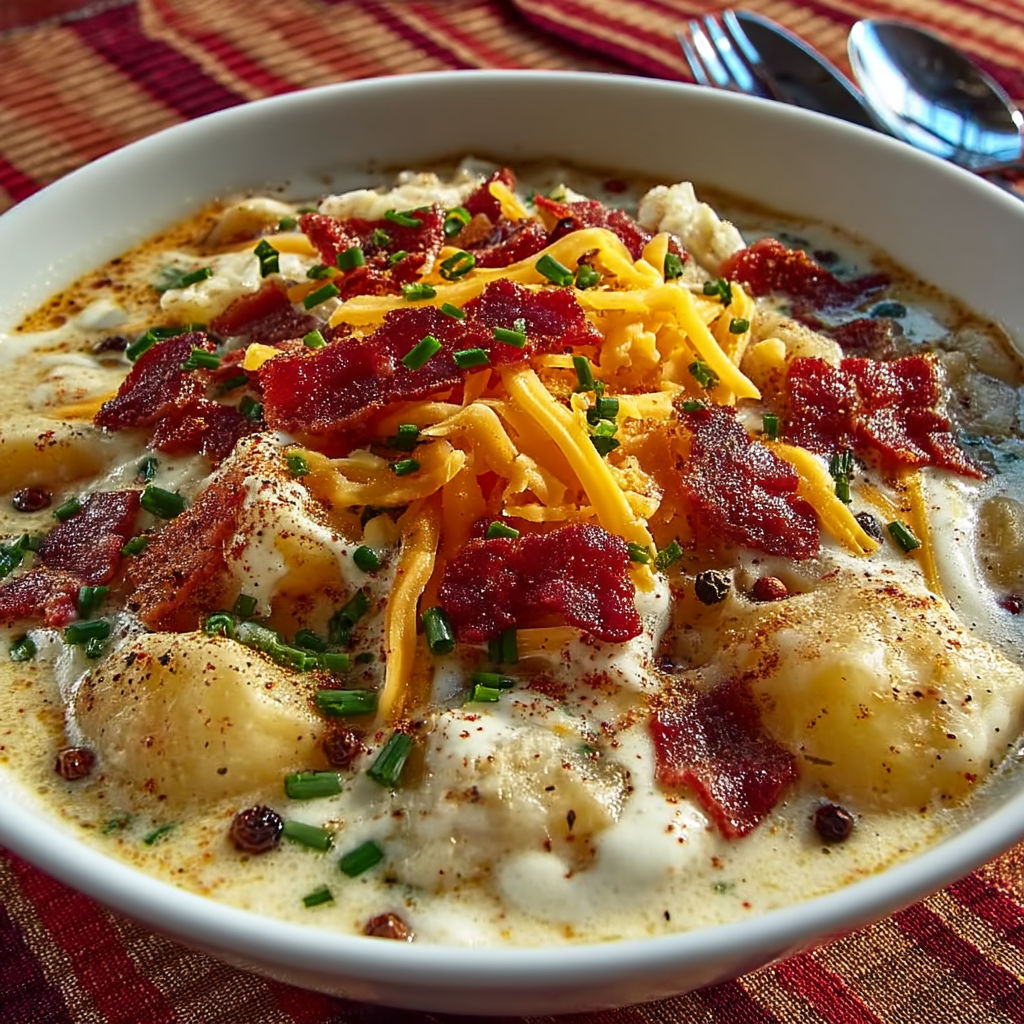 A bowl of soup with cheese and bacon.