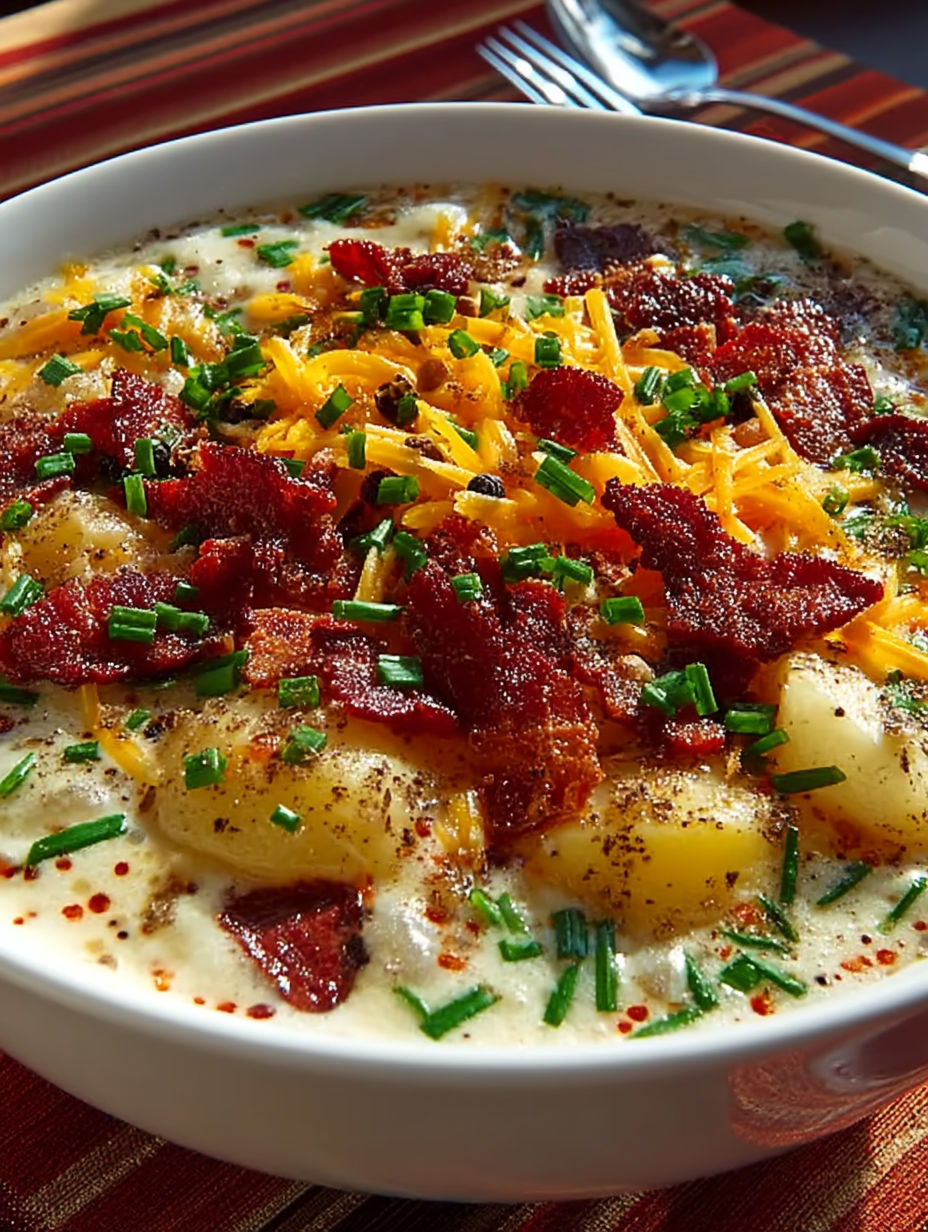 A bowl of soup with bacon and cheese.