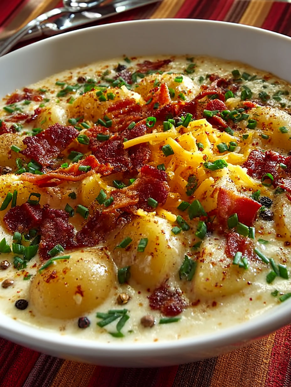 A bowl of soup with bacon and cheese.
