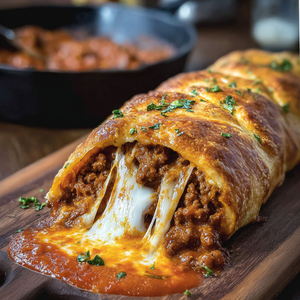 A cheesy sloppy joe stromboli on a wooden cutting board.
