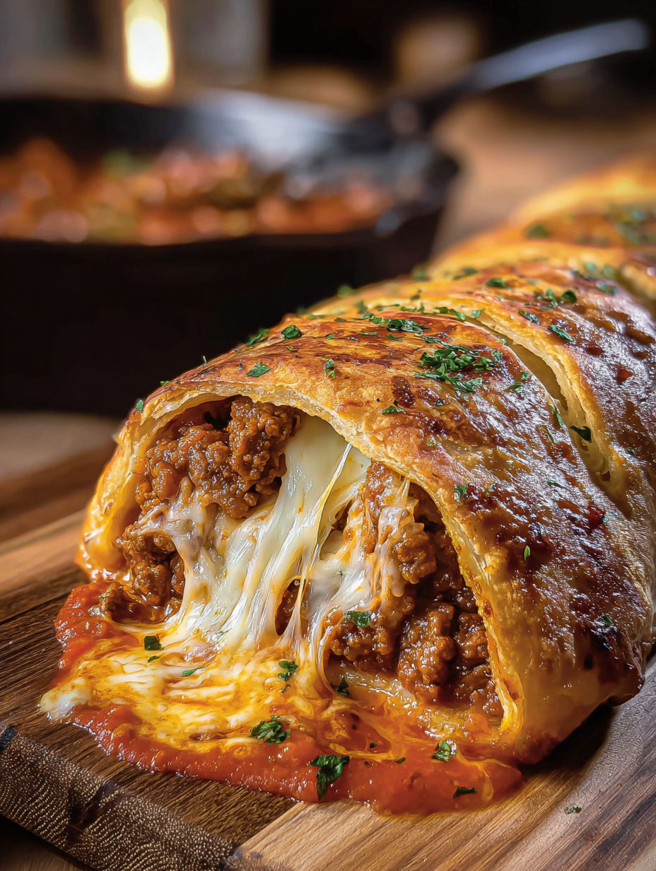 A cheesy sloppy joe stromboli on a wooden table.