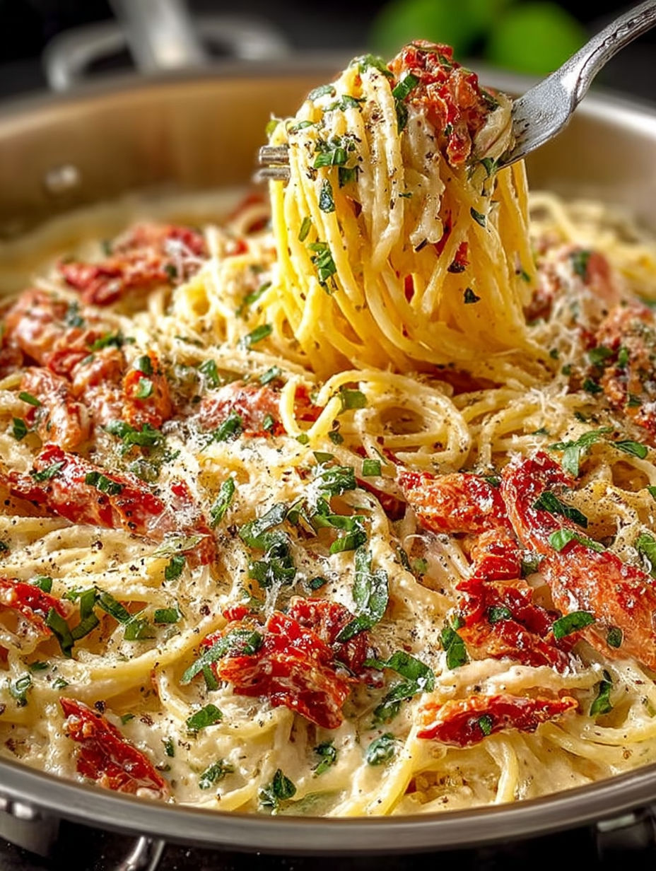 A close up of a plate of pasta with red peppers.