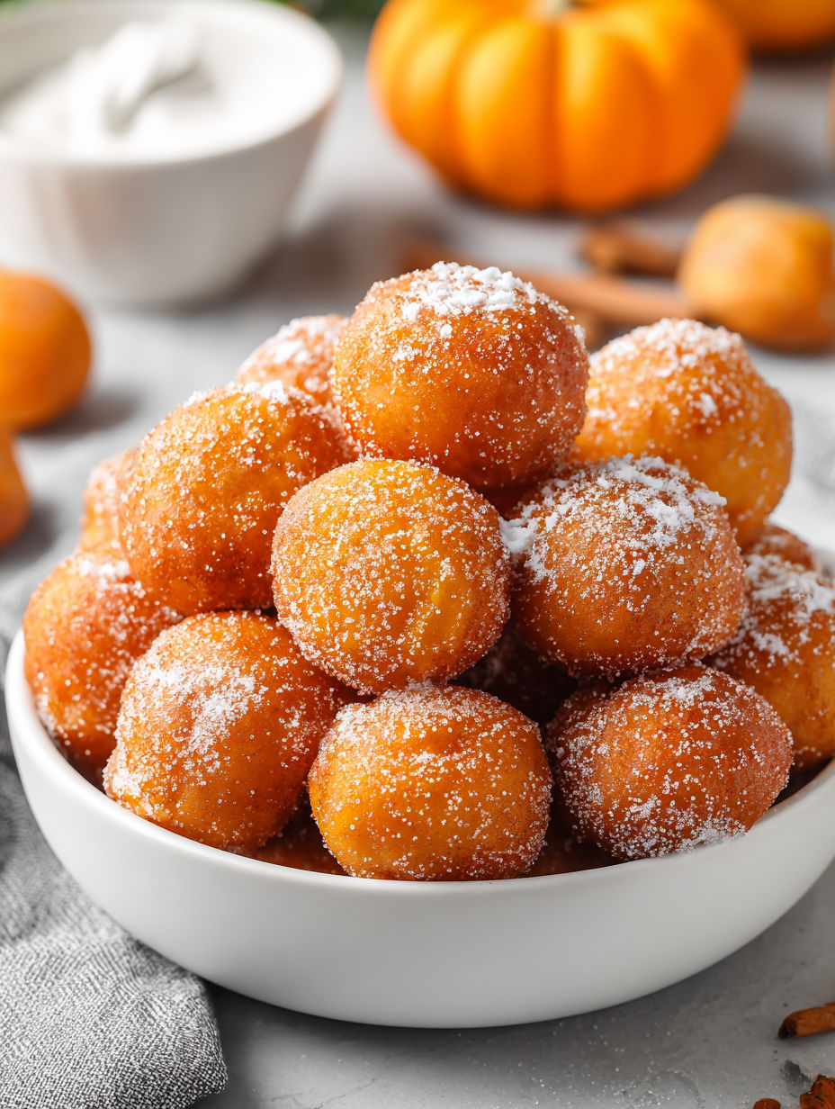 A bowl of donuts with powdered sugar on top.