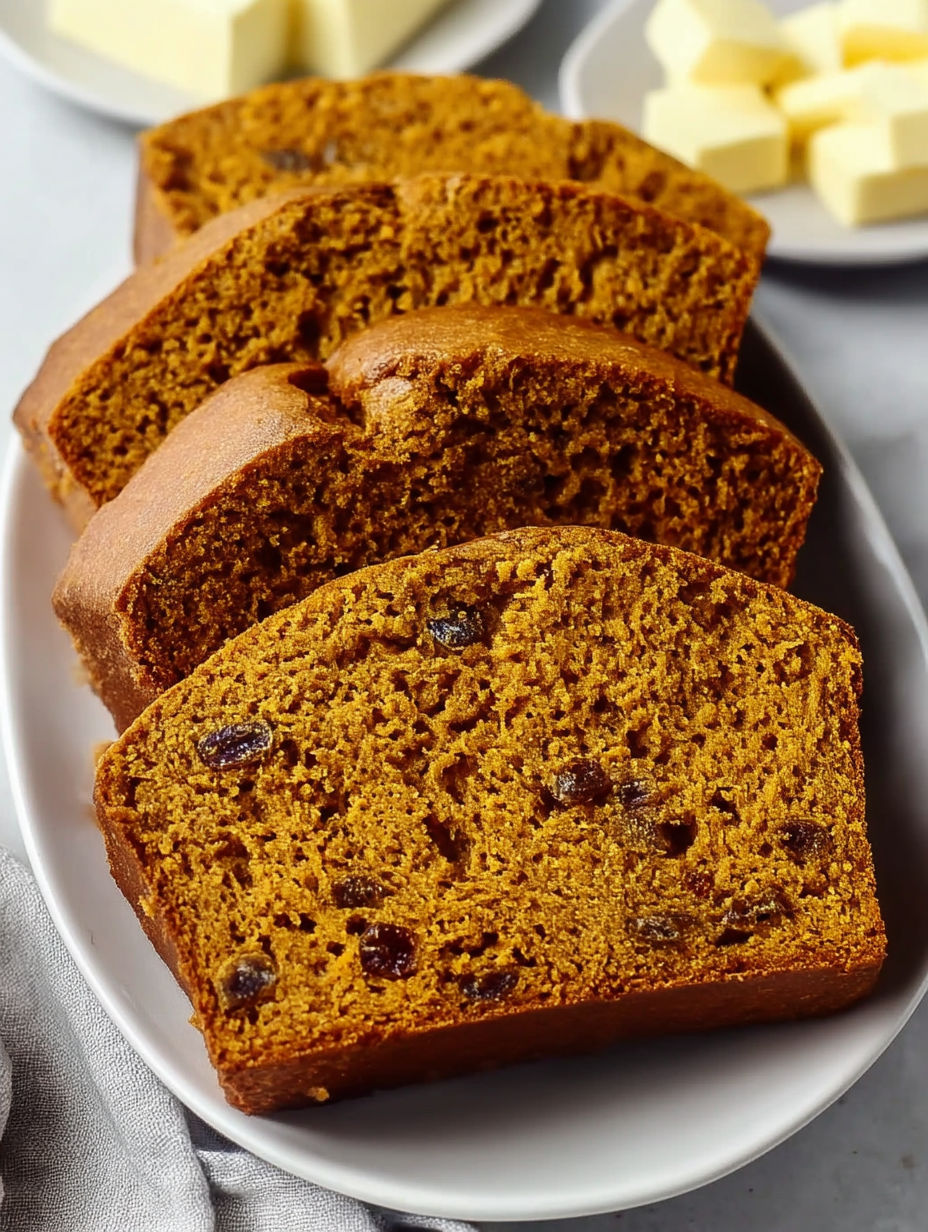 A plate of moist spiced sweet potato bread.