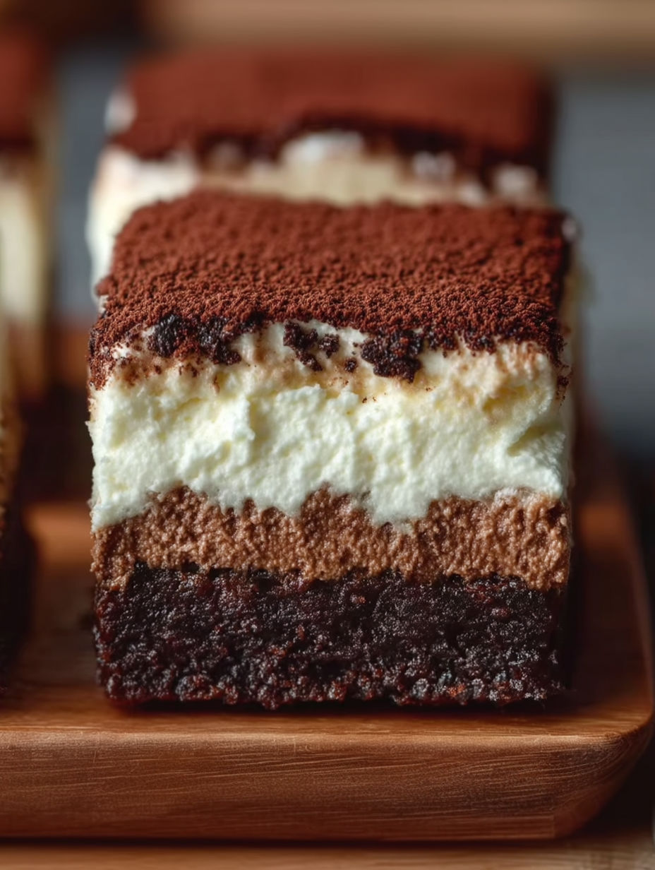 A slice of a brown and white dessert.