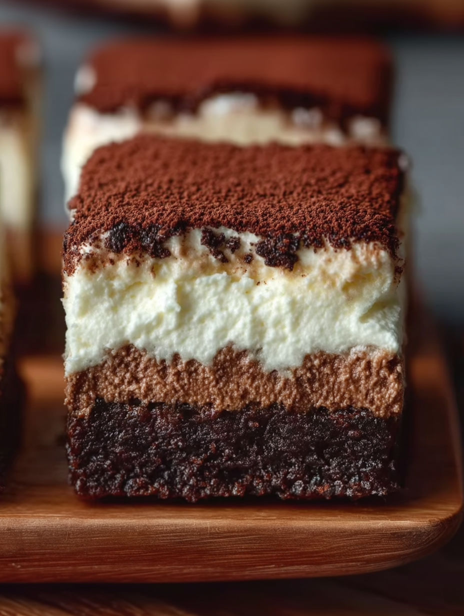 A slice of a brown and white dessert.