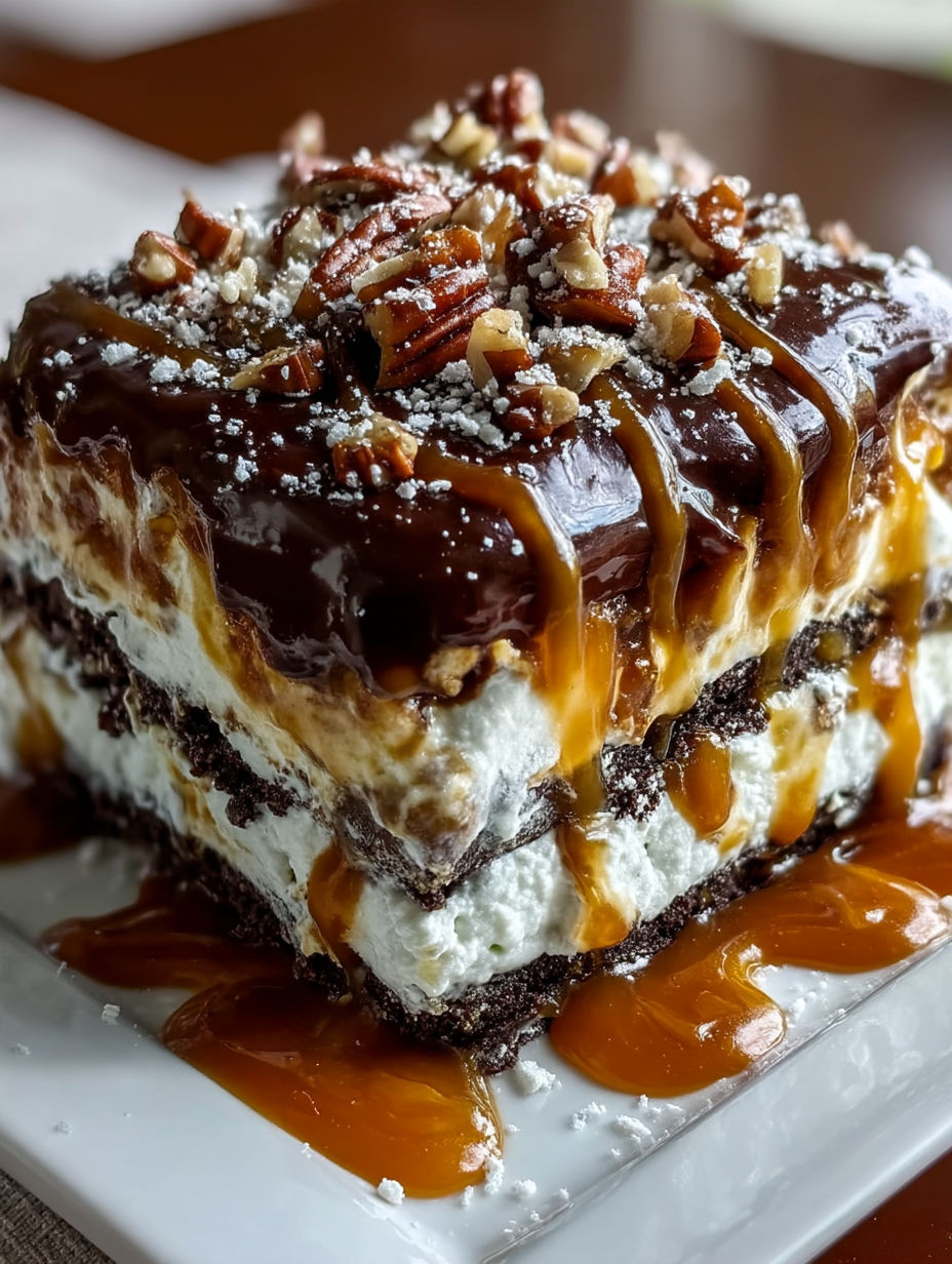 A slice of creamy turtle lasagna.