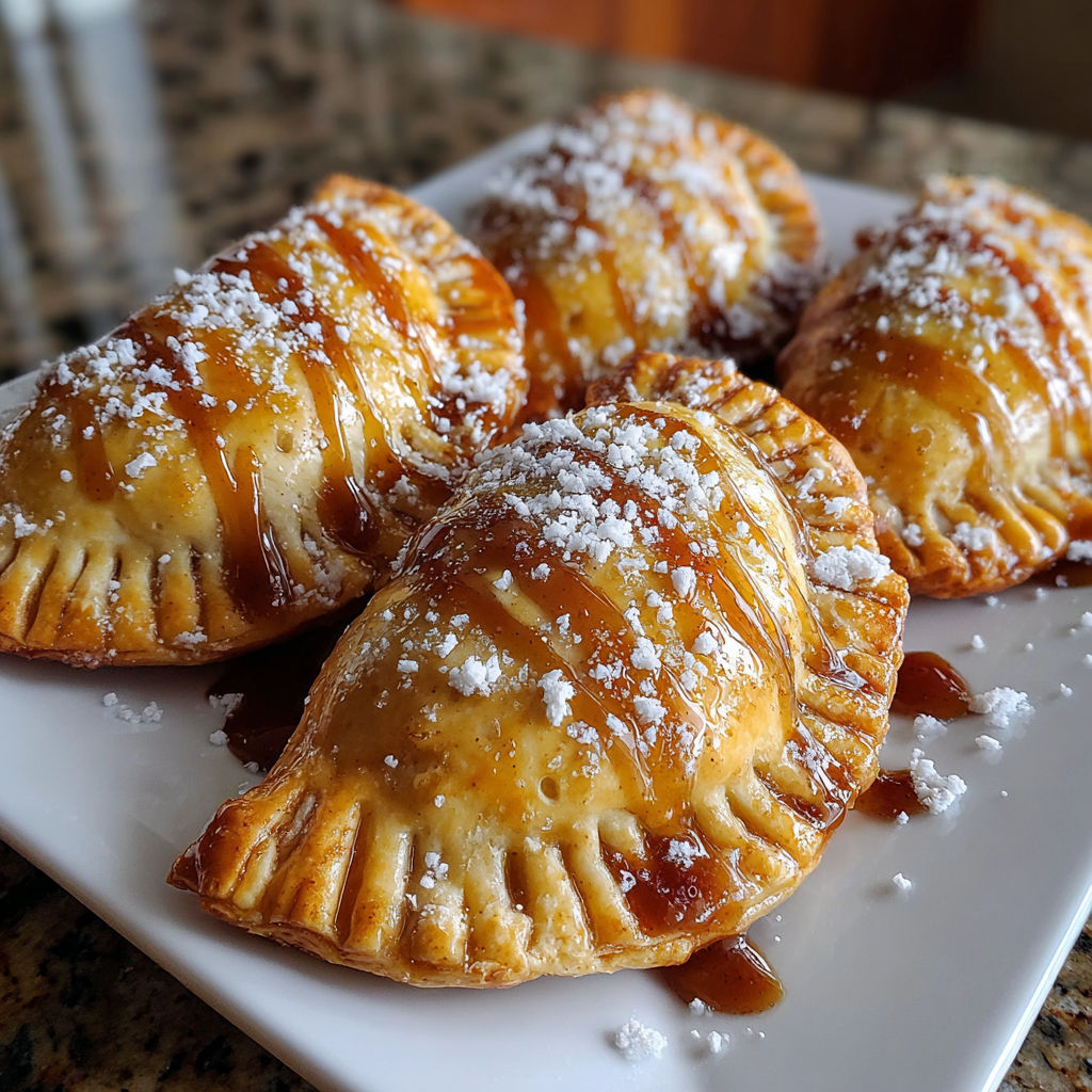 Golden air fryer apple pies with caramel sauce.