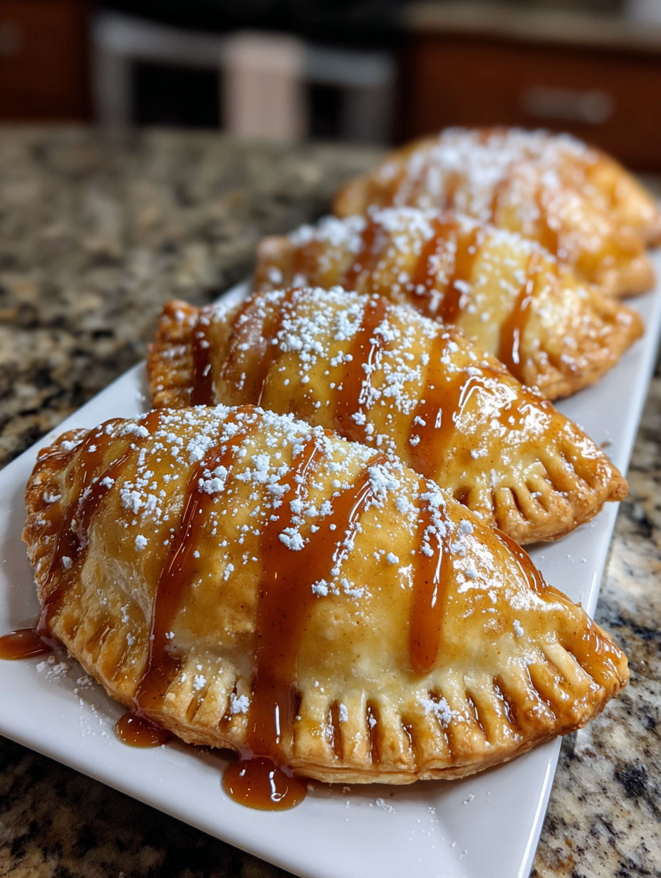 Golden air fryer apple pies with caramel drizzle.