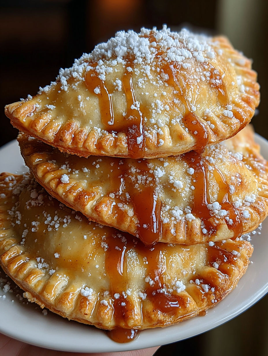 Golden air fryer apple pies with caramel sauce.