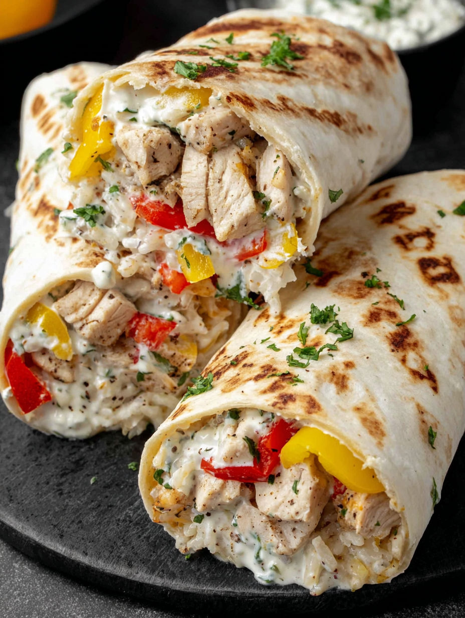 A chicken and pepper wrap with ranch dressing.