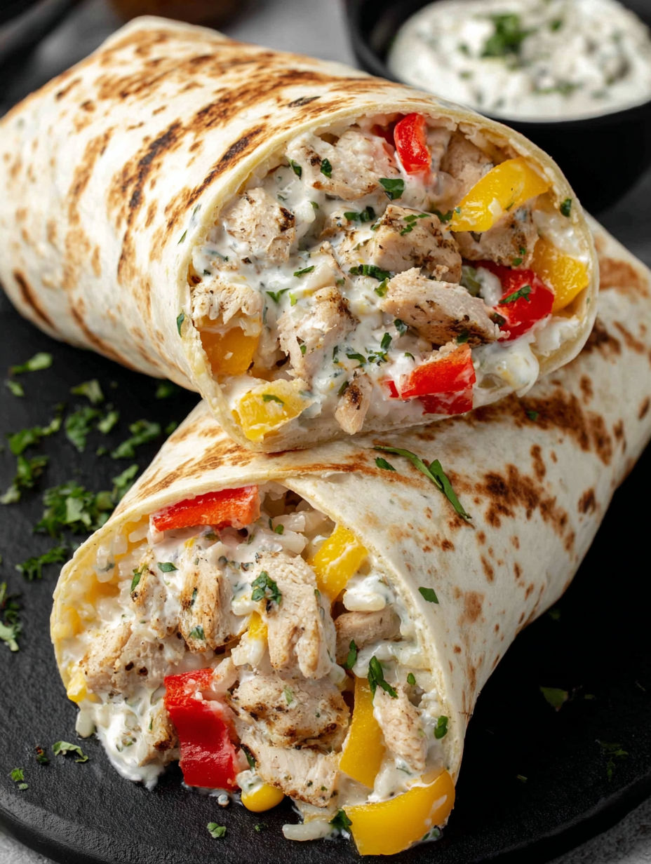 A burrito filled with chicken, bell peppers, and ranch dressing.