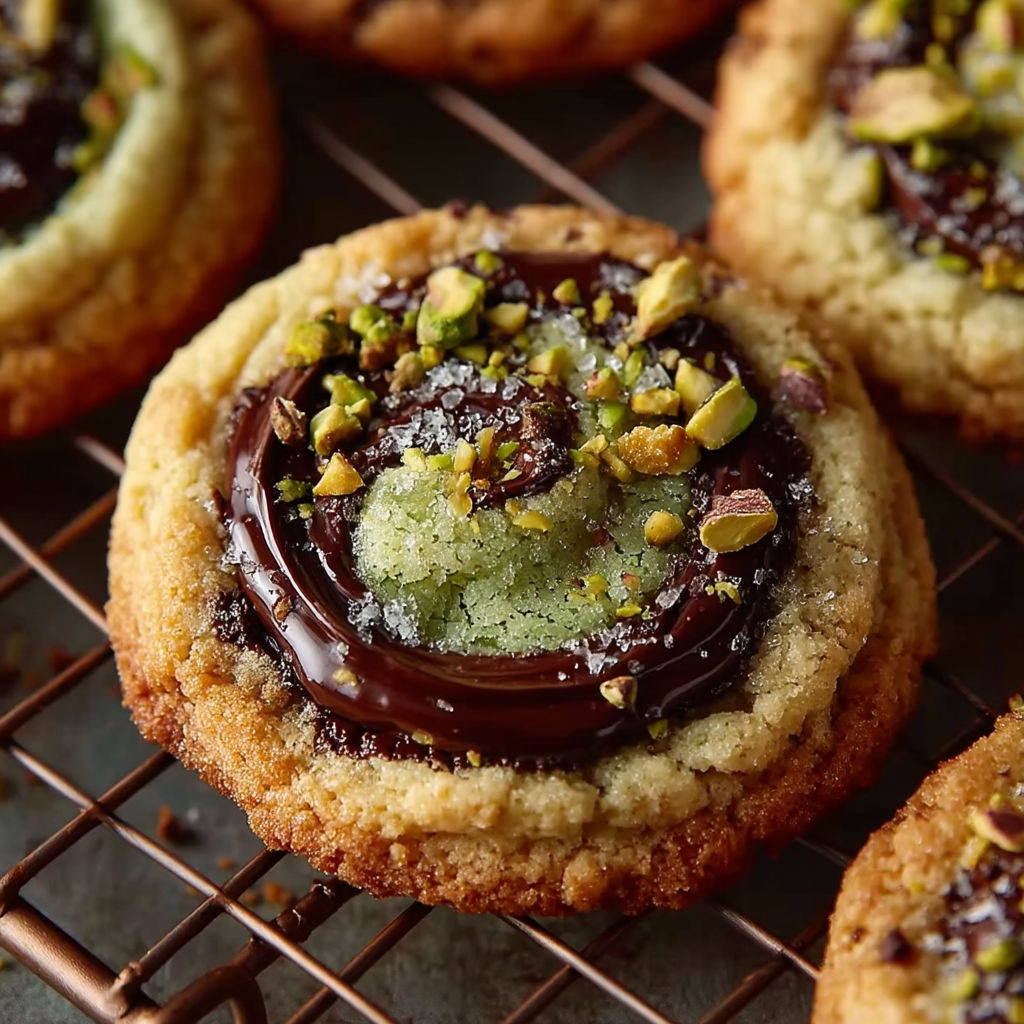 A close up of a chocolate chip cookie with pistachio cream.