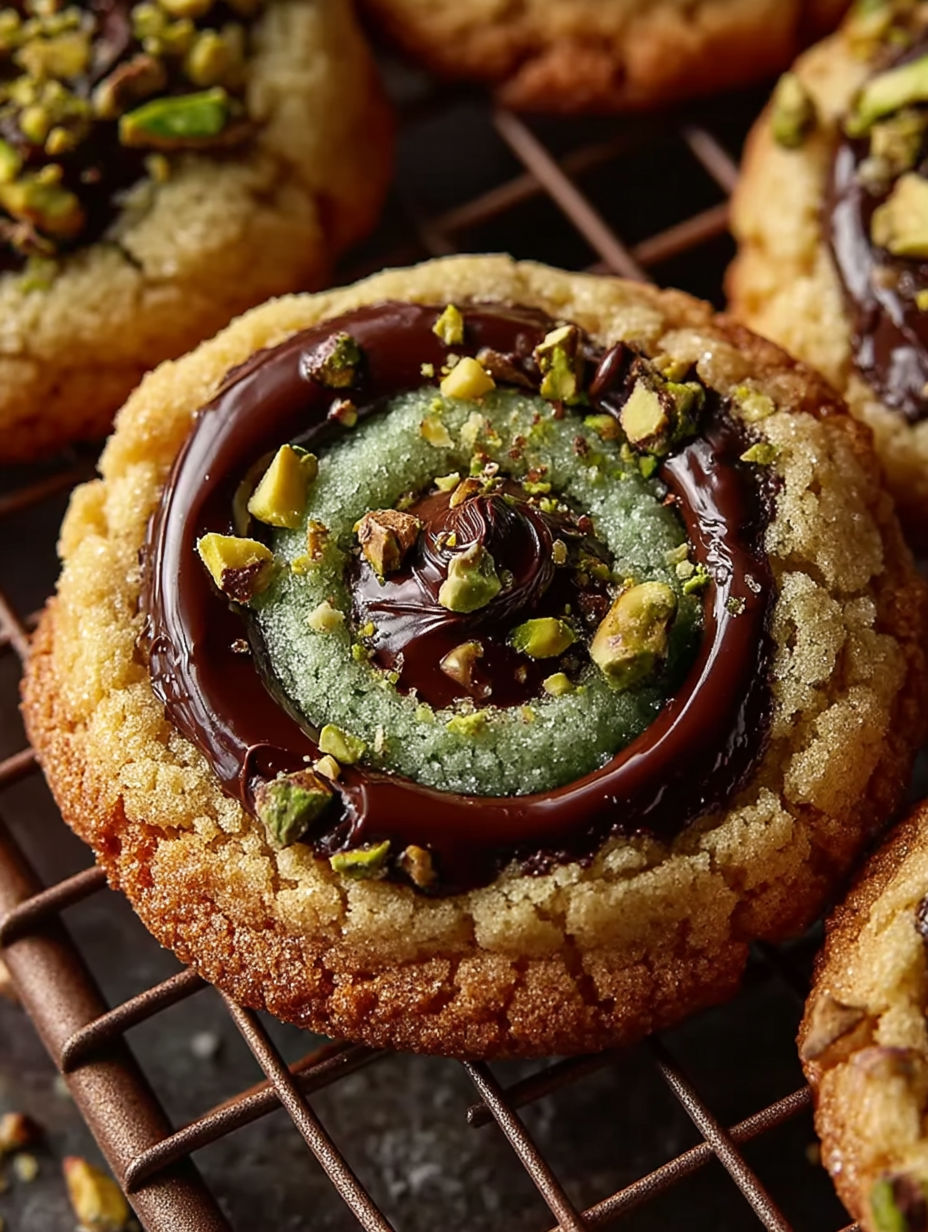 A cookie with chocolate and pistachio cream.