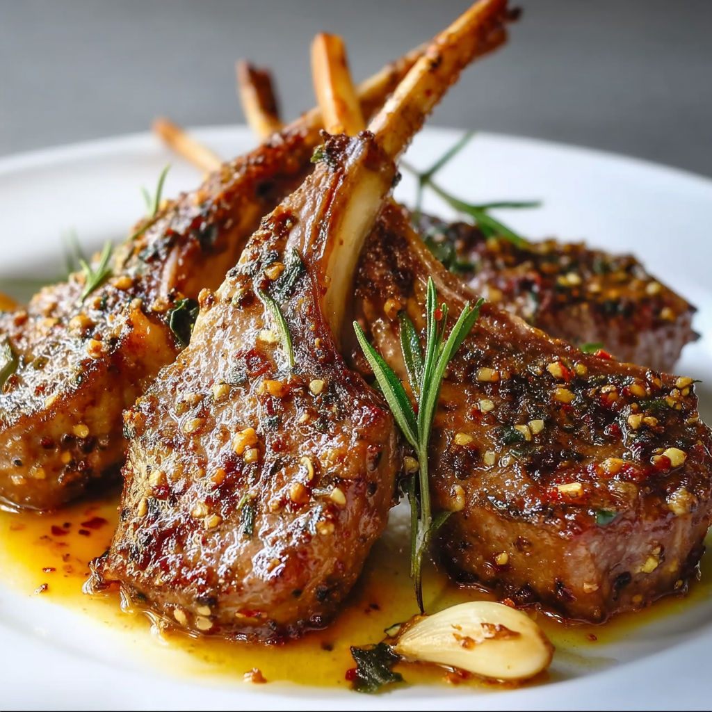 Lamb chops with seasoning and herbs on a plate.