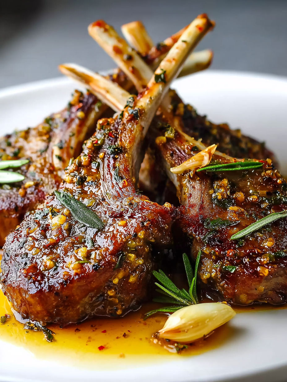 Lamb chops with spices and herbs on a plate.