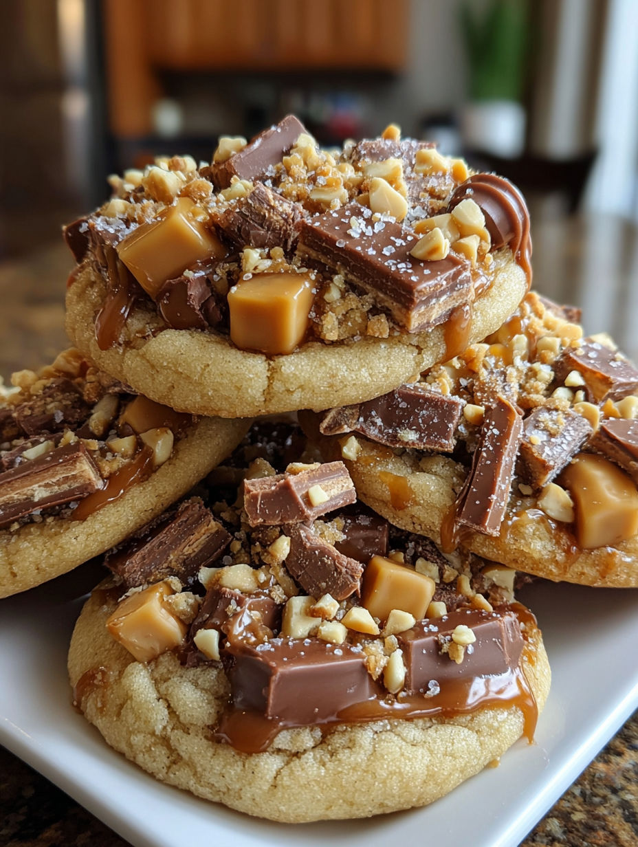 A stack of cookies with caramel and nuts on top.