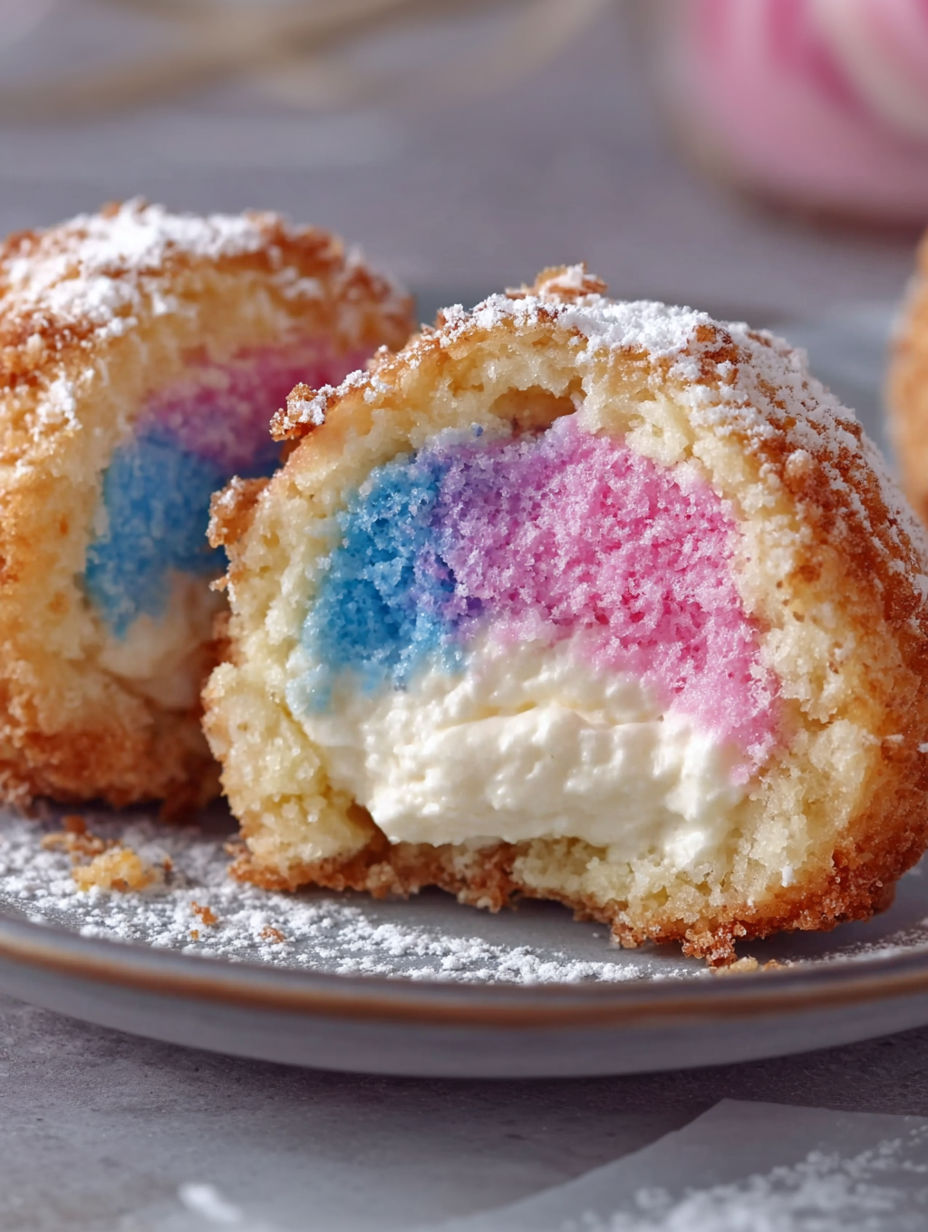 A plate of colorful cotton candy cheesecake bombs.