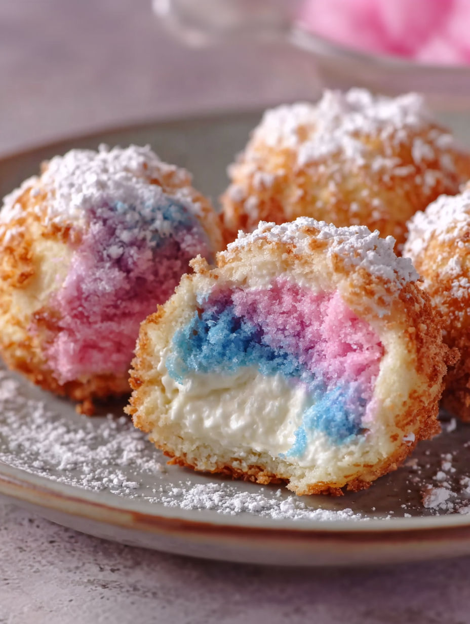 A plate of colorful cotton candy cheesecake bombs.