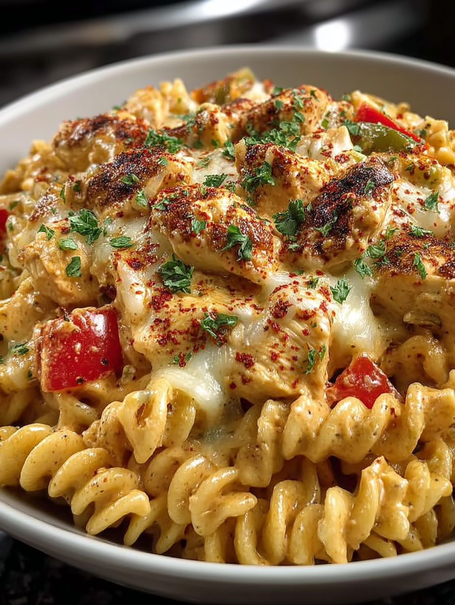 A bowl of cheesy rotel chicken pasta.