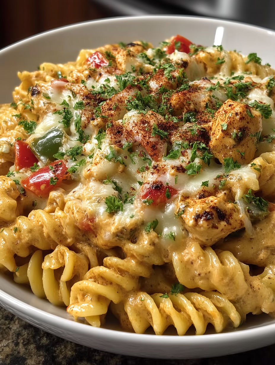 A bowl of pasta with chicken and cheese.