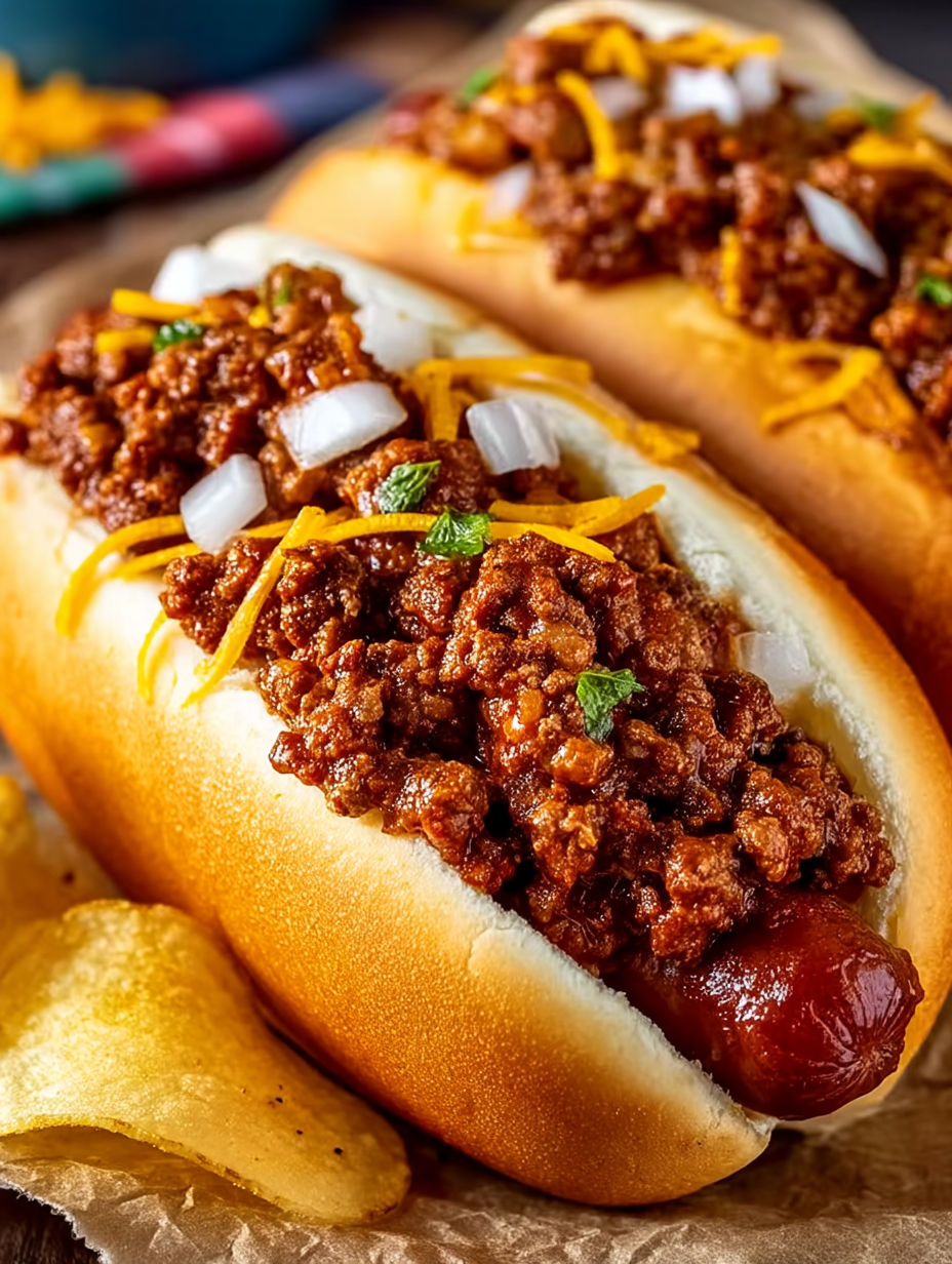 A hot dog with chili on top.