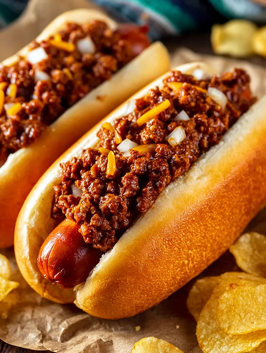 Two hot dogs with chili on them.