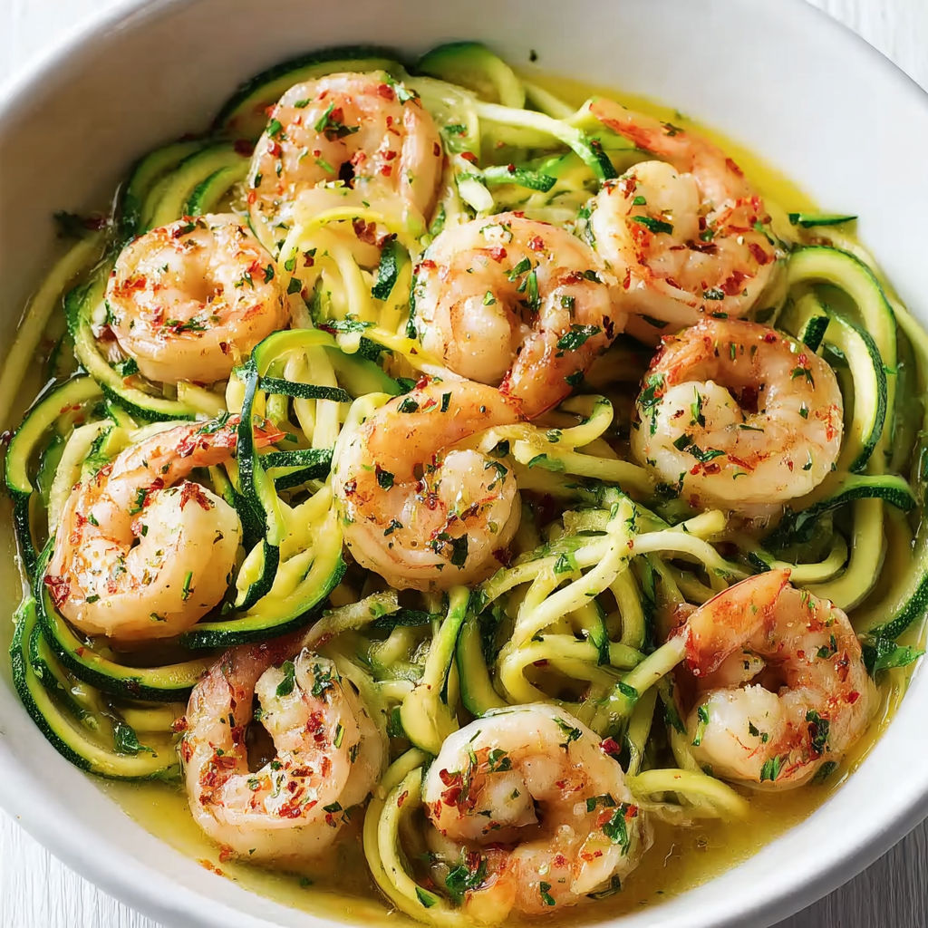 A bowl of shrimp and zucchini noodles.