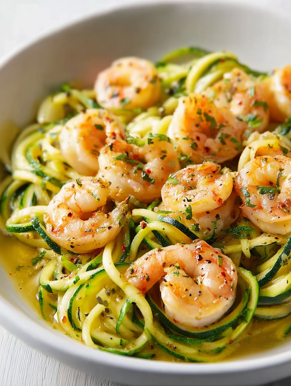 A bowl of zucchini noodles with garlic shrimp.