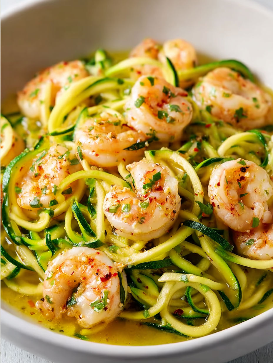 A bowl of zucchini noodles with garlic shrimp.