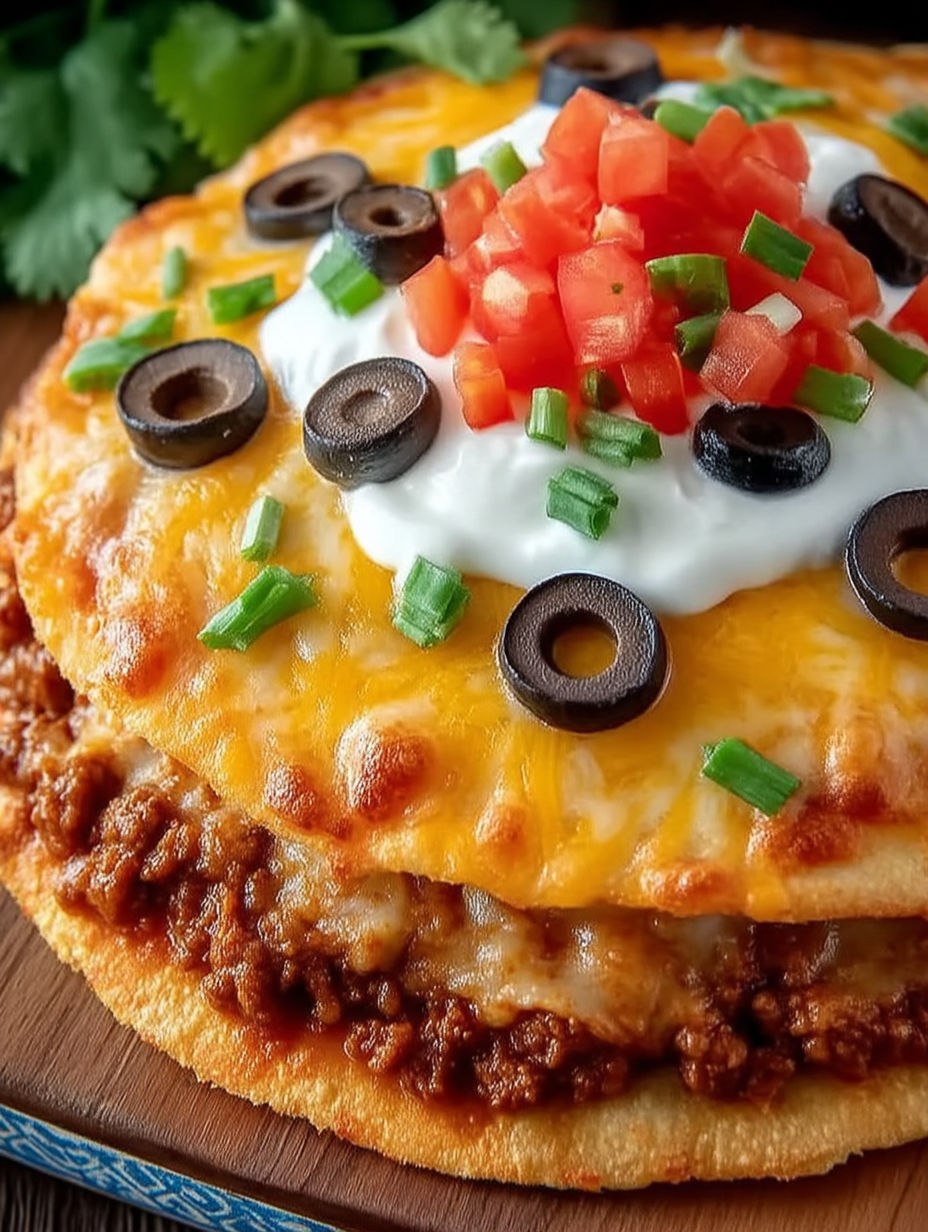 A slice of Taco Bell Mexican Pizza with black olives and tomatoes.