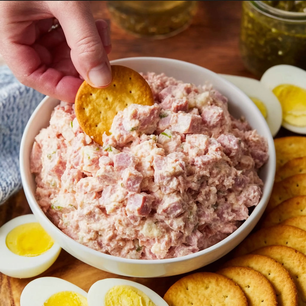 A person is holding a cracker over a bowl of old-fashioned bologna salad.