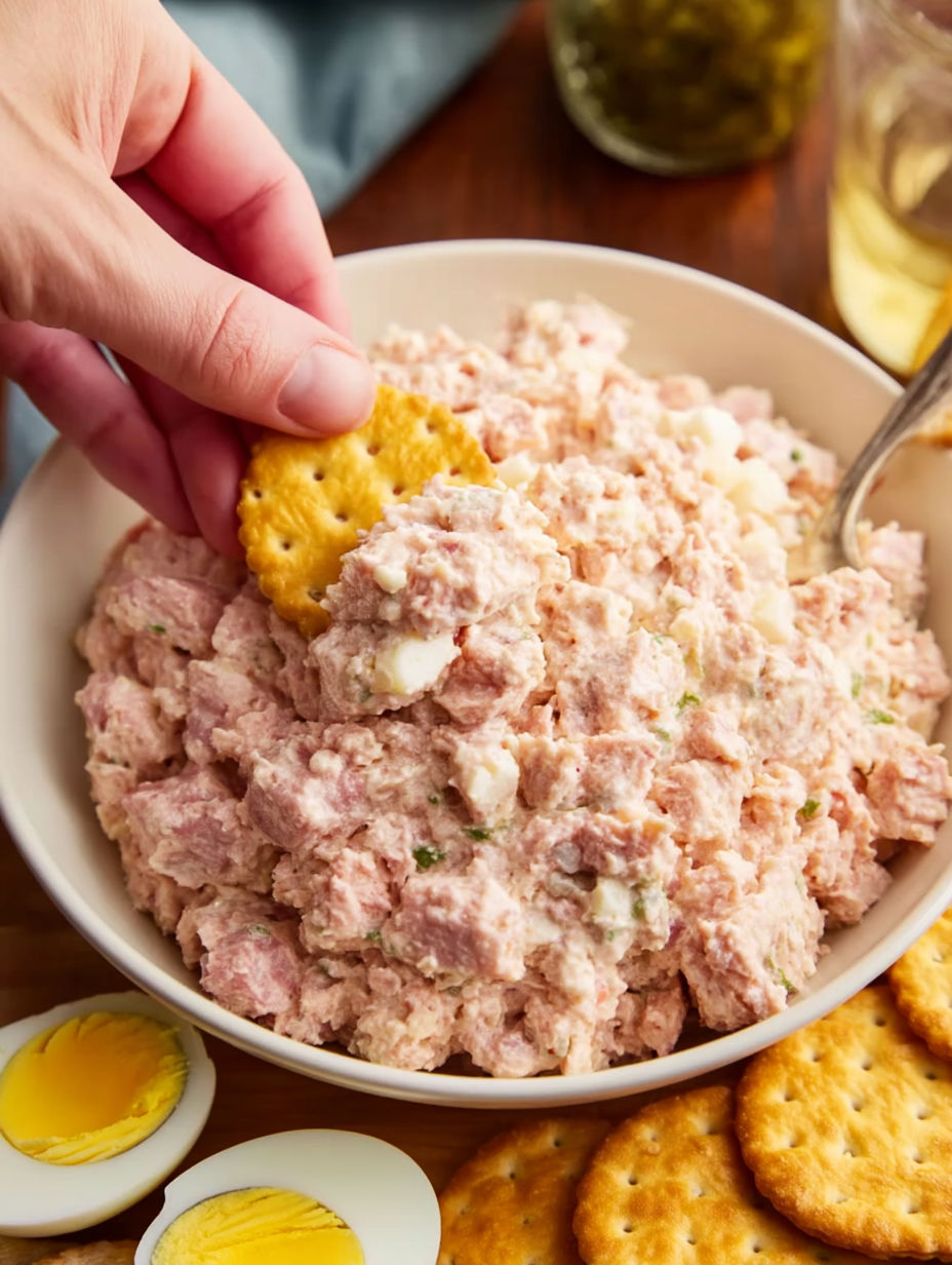 A hand picking up a piece of chips from a bowl of old-fashioned bologna salad.
