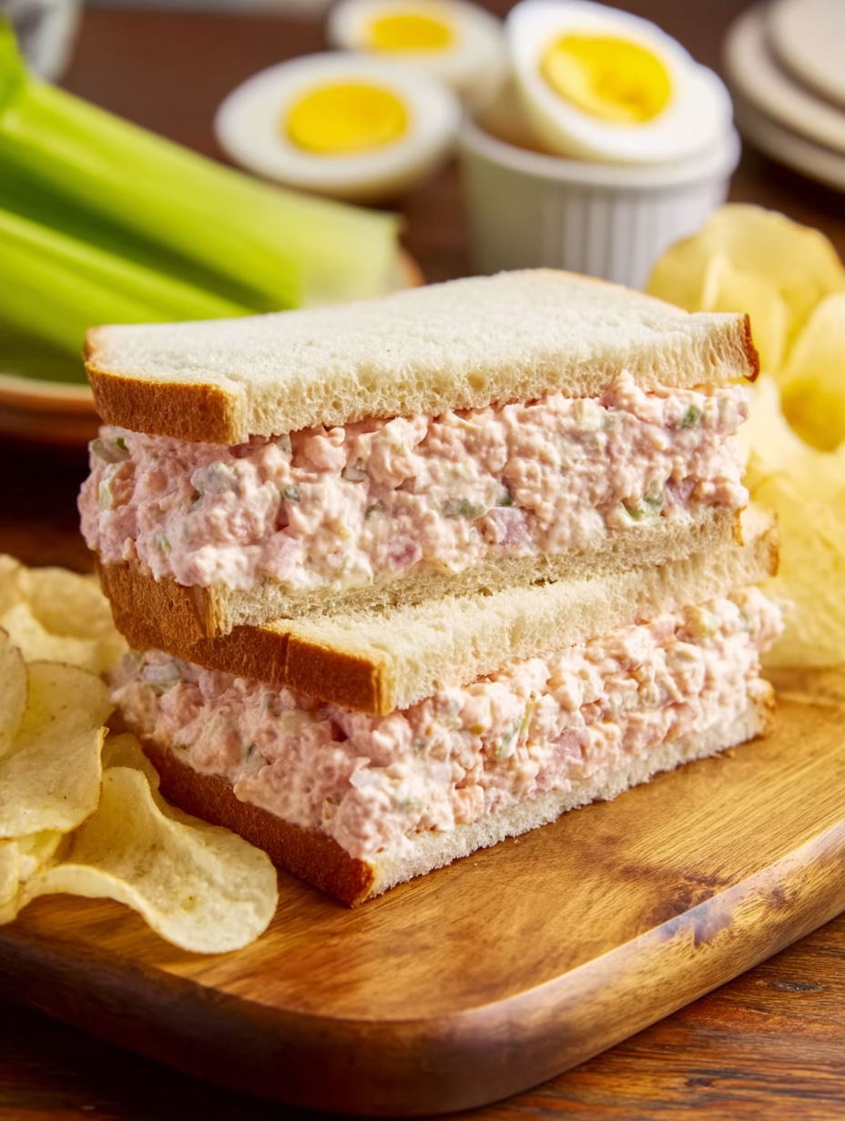 A sandwich with tuna salad on a wooden cutting board.