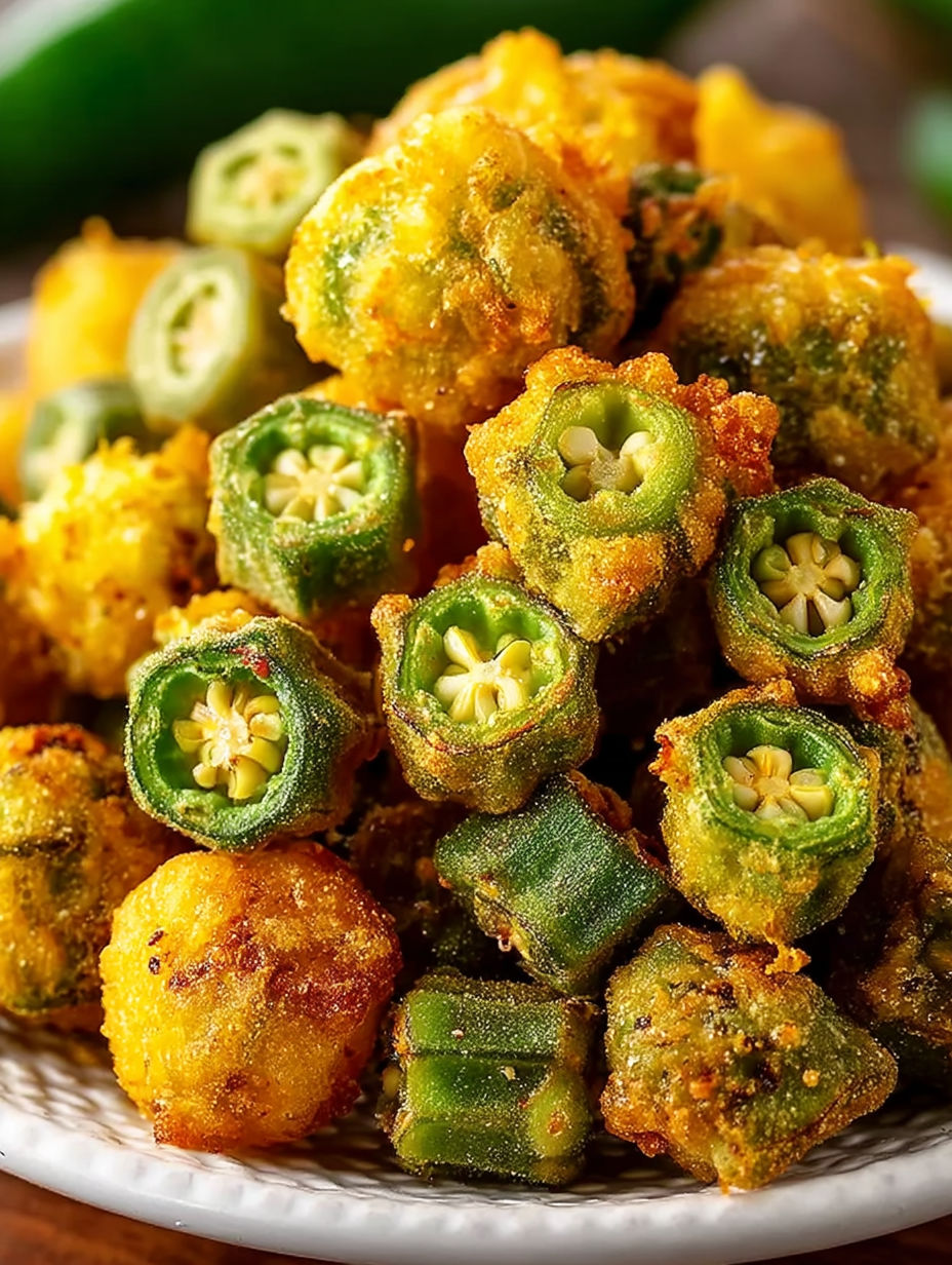 A plate of fried okra with yellow flowers on top.