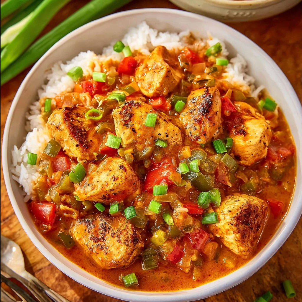 A bowl of chicken étouffée with rice and green onions.