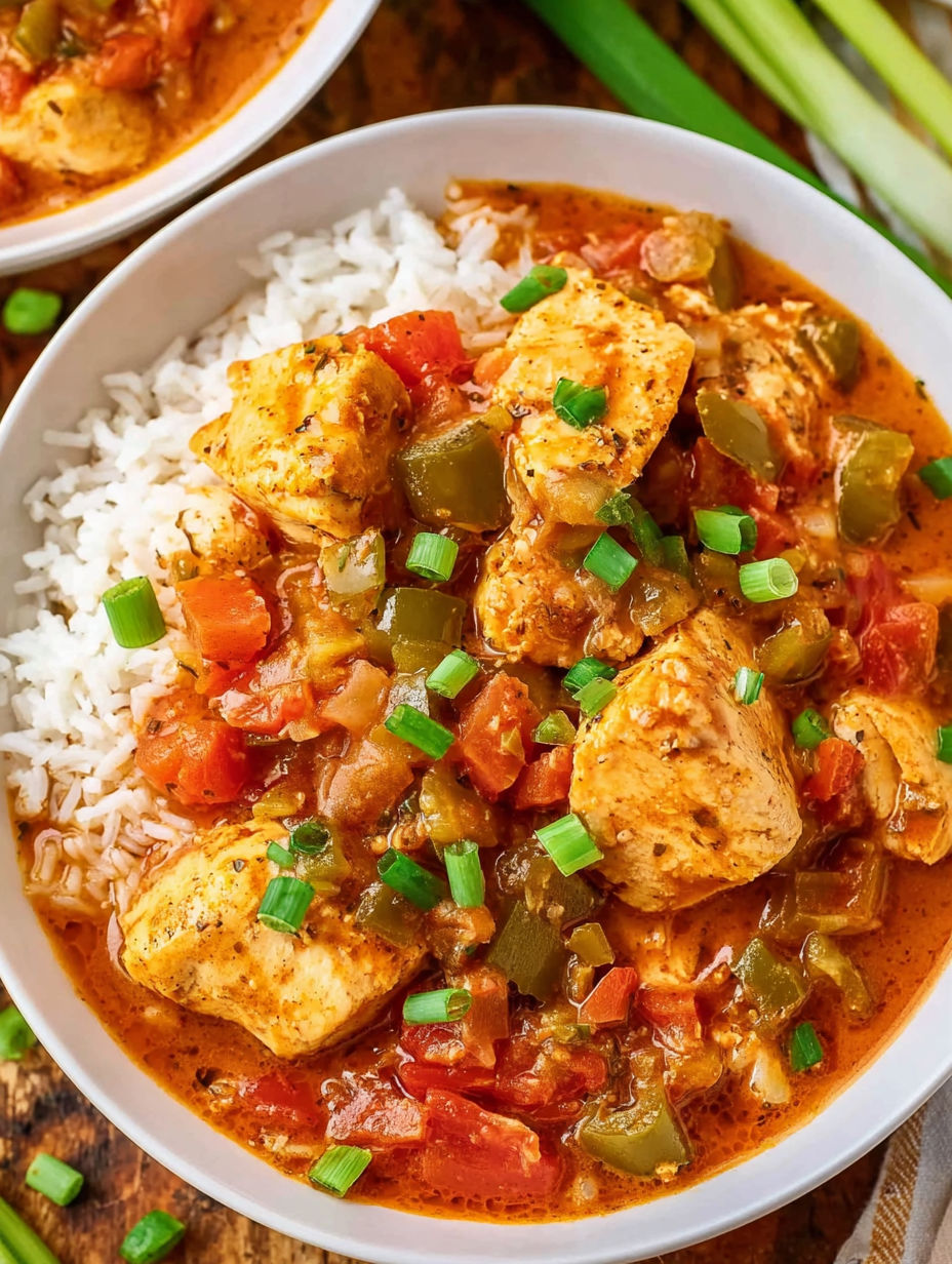 A bowl of chicken étouffée with rice and green onions.