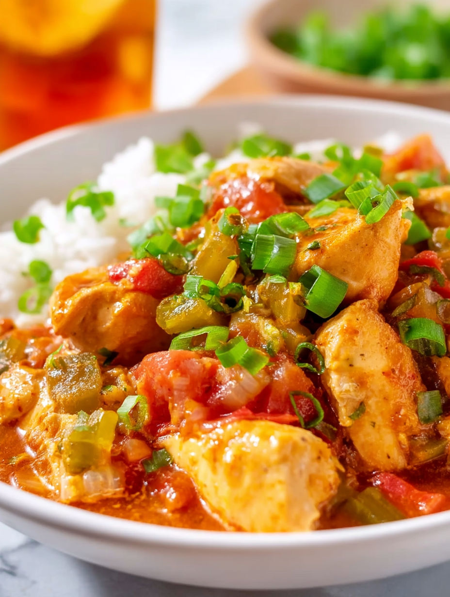 A bowl of chicken étouffée with rice and green onions.