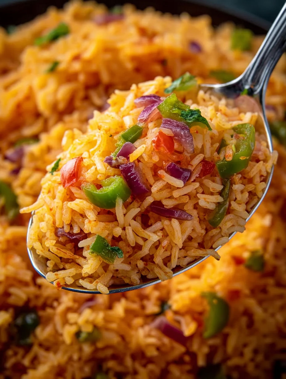 A spoon full of rice with peppers and onions.