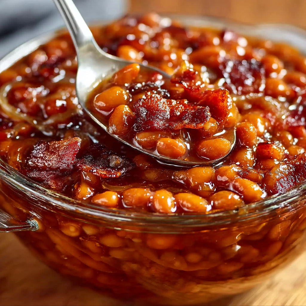 A bowl of homemade baked beans with a spoon in it.