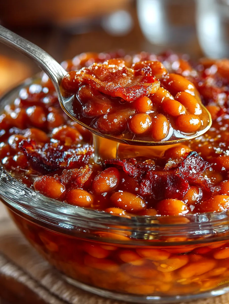 A spoon is in a bowl of baked beans.