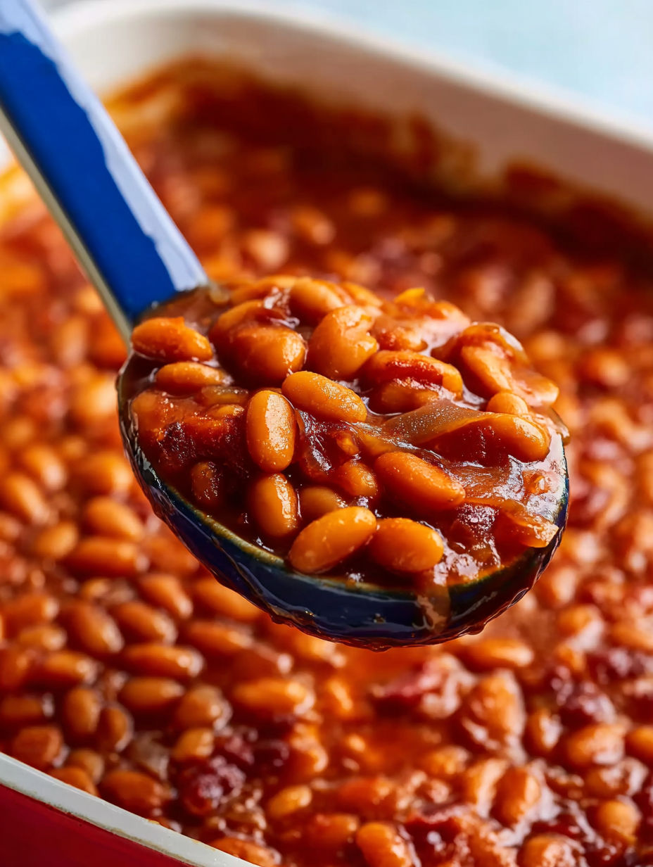 A spoon is in a bowl of baked beans.