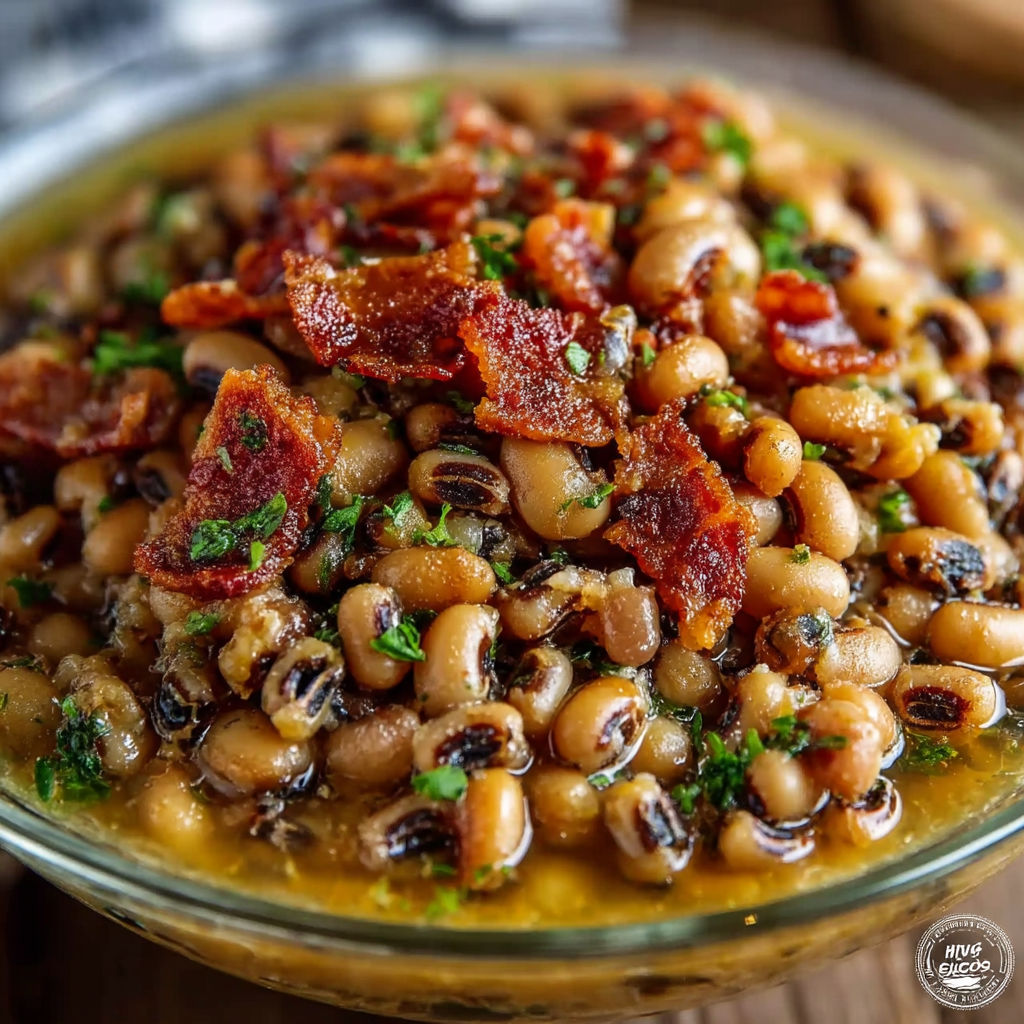 A bowl of black eyed peas with bacon.