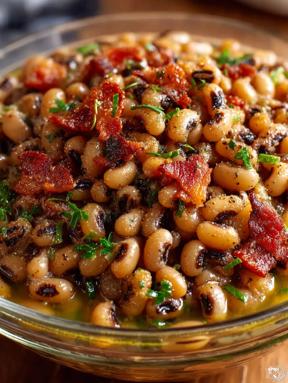 A bowl of black eyed peas with bacon.