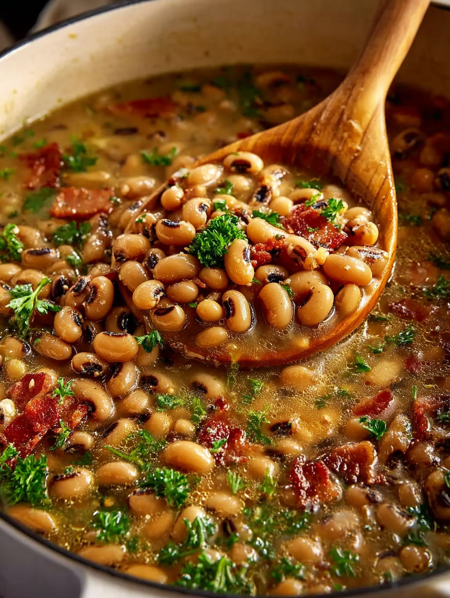 A wooden spoon is in a bowl of black eyed peas.