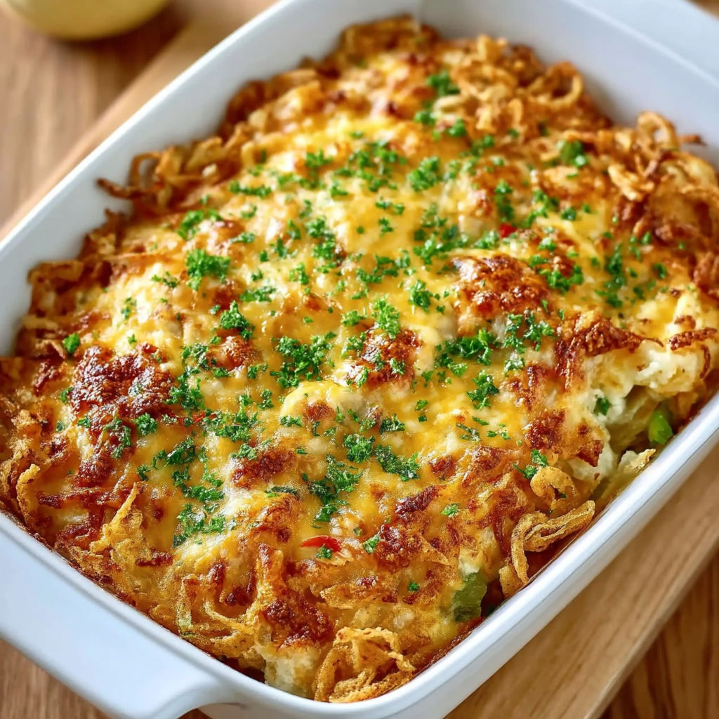 A white bowl filled with a green bean casserole.