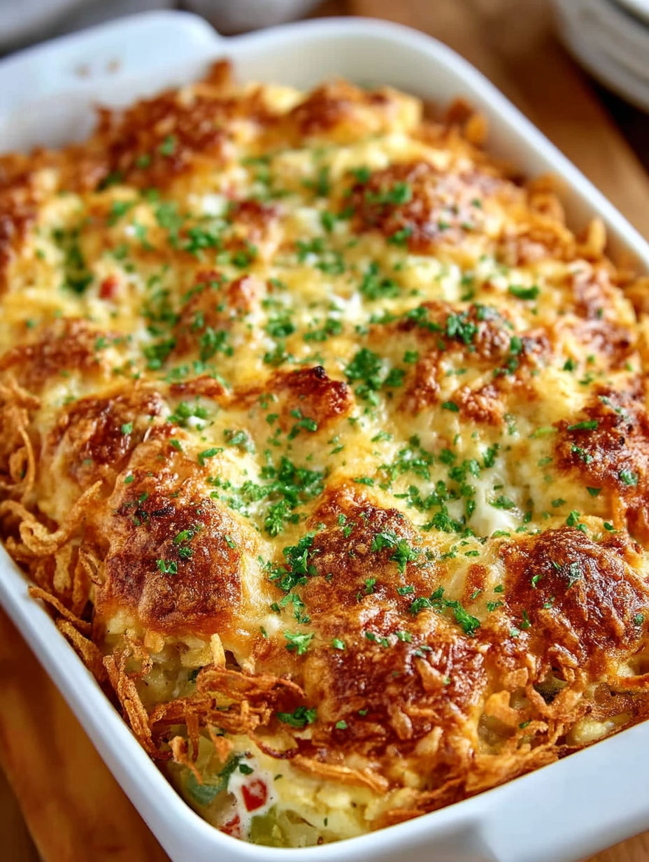 A potato green bean casserole in a white dish.