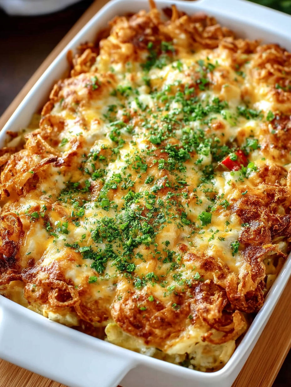 A casserole with potatoes, green beans, and cheese.